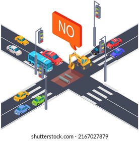 Crossroad with cars while driving and crane. Road closure during construction. Work of building equipment on highway. Intersection with closed traffic. Track with transport and road marking