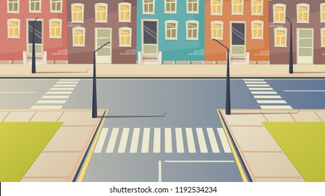 Crossroad cartoon street urban landscape. Road city crosswalk background illustration.