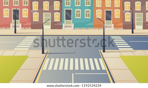 クロスロードの街並み 道路都市の横断歩道の背景イラスト のベクター画像素材 ロイヤリティフリー