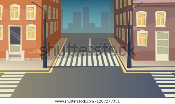 Crossroad cartoon street urban landscape.\
Road city crosswalk background\
illustration.