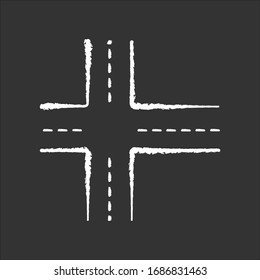 Crossroad chalk white icon on black background. Intersection of roads. Crossing pavement ways. Junction of crosswalk. Urban infrastructure. Crossed motorway. Isolated vector chalkboard illustration