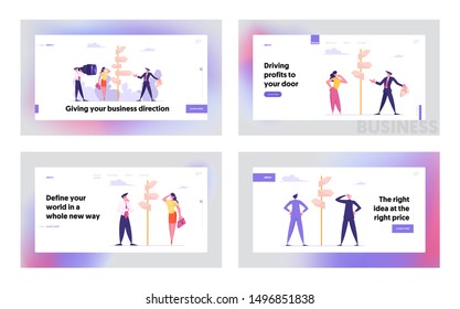 Crossroad and Choice Way Concept Website Landing Page Set. Confused Business People Stand at Road Directions Pointer Make Decision what Path to Choose Web Page Banner. Cartoon Flat Vector Illustration