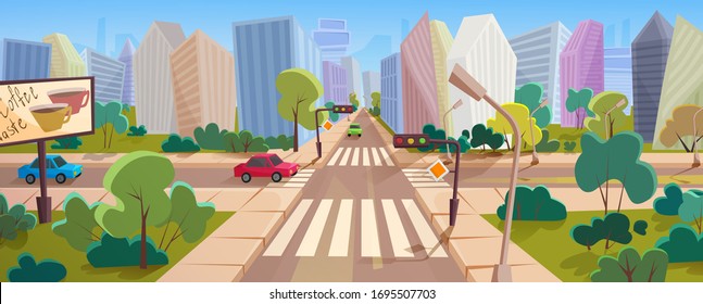 Crossroad and cityscape at big modern city cartoon vector panorama illustration concept. Colored cars go by road between garden squares, traffic lights stand along street, at background skyscrapers.