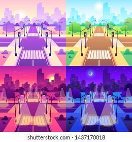 Crossroad with crosswalk. Road traffic intersection, daytime cityscape and urban road junction. Empty sidewalk and street, urban highway traffic with streetlights cartoon vector illustration set