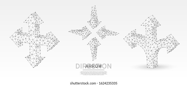 Crossroad, direction, arrows set. Crossway choice, direction cursor, course marker concept on white origami background. Low poly, abstract, polygonal, wireframe 3d vector illustration. Road guide sign