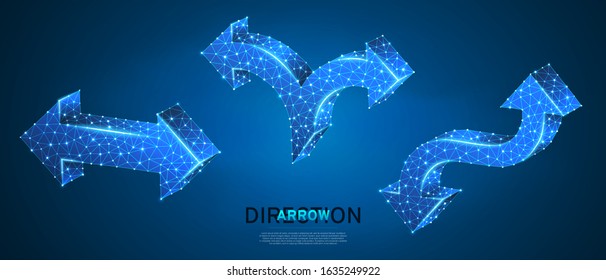 Crossroad, direction, arrows set. Road guide sign. Low poly, abstract, polygonal, wireframe 3d vector illustration. Crossway choice, direction cursor, course marker concept on blue neon background