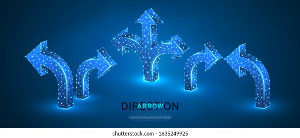 Crossroad, direction, arrows set. Road guide sign. Low poly, abstract, polygonal, wireframe 3d vector illustration. Crossway choice, direction cursor, course marker concept on blue neon background