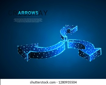 Crossroad direction three ways arrows wireframe digital illustration. Low poly crossway choice concept with lines, dots and starry sky background. Vector polygonal road guide neon sign RGB