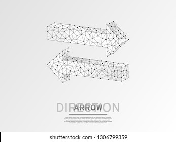 Crossroad direction two ways arrows wireframe digital 3d illustration. Low poly crossway choice concept with lines, dots, starry sky on white background. Vector polygonal road guide origami style sign