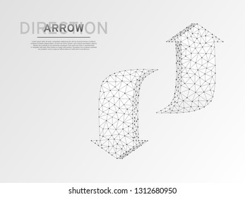 Crossroad direction two ways arrows wireframe digital 3d illustration. Low poly crossway choice concept with lines dots starry sky white background. Vector polygonal up and down origami style sign RGB