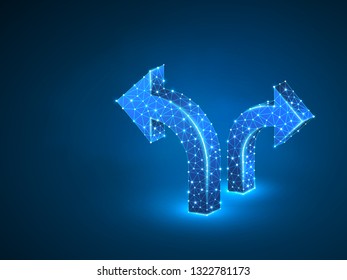 Crossroad direction two ways arrows wireframe digital 3d illustration. Low poly crossway choice concept with lines, dots and starry sky blue background. Vector polygonal road guide neon sign RGB