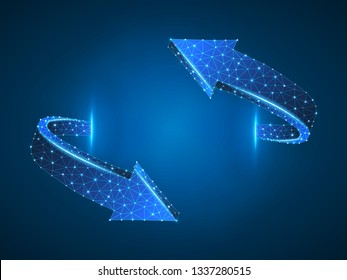 Crossroad direction two ways arrows abstract wireframe digital 3d illustration. Low poly crossway choice concept with lines, dots, starry sky on blue background. Vector neon polygonal up and down sign