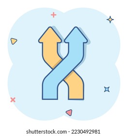 Crossroad icon in comic style. Road direction navigation cartoon vector illustration on white isolated background. Locate pin position splash effect business concept.