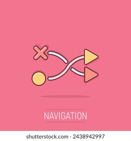 Crossroad icon in comic style. Road direction navigation cartoon vector illustration on isolated background. Locate pin position splash effect business concept.