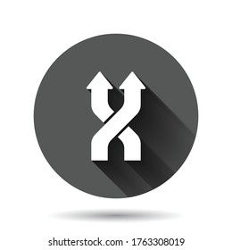 Crossroad icon in flat style. Road direction navigation vector illustration on black round background with long shadow effect. Locate pin position circle button business concept.
