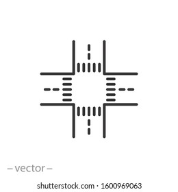 crossroad icon, intersection road, crosswalk, zebra, thin line web symbol on white background - editable stroke vector illustration eps10