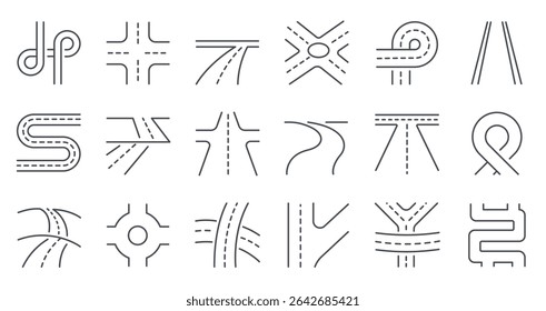 Crossroad line icon. Junction of two roads with turn direction signs, street and highway crossroads intersection. Urban map element vector illustration.