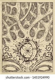Crossroad. Mystic concept for Lenormand oracle tarot card. Vector engraved illustration. Fantasy line art drawing and tattoo sketch. Gothic, occult and esoteric background