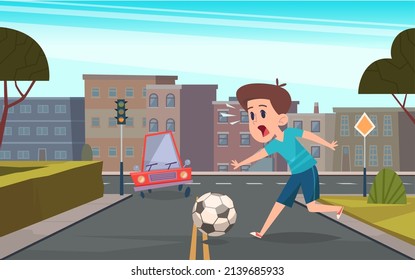 Crossroad Playing. Kids Running With Ball Game On Road Secured Rules Dangerous Street Traffic Exact Vector Cartoon Background