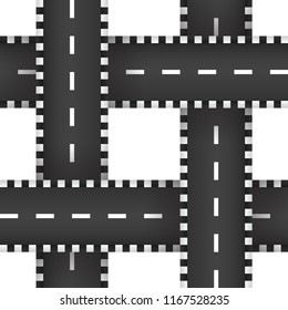 Crossroad seamless pattern. Top view from above on highway. Roadmap vector illustration. Road background.