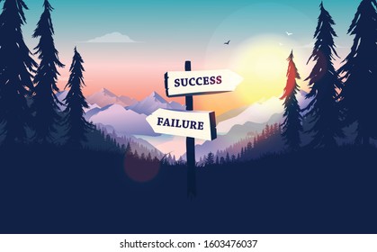 Crossroad signpost with direction to success or failure, placed in nature with sunrise and beautiful view. Decision making, road to opportunities, and future concept. Vector illustration.