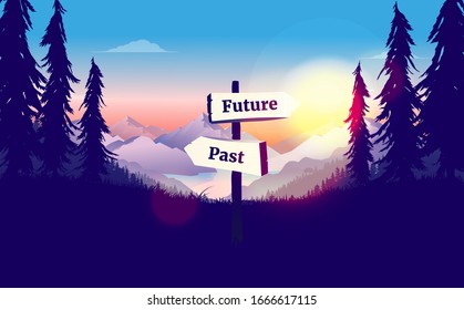 Crossroad signpost with future and past text. Future is pointing at sunrise, new hope, move forward concept. Vector illustration.