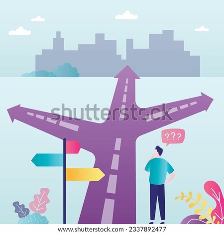 Crossroad, signs point in various directions. Unhappy businessman stands and thinks about right direction of business development.
Problem of choice, leadership, search for right solution. vector