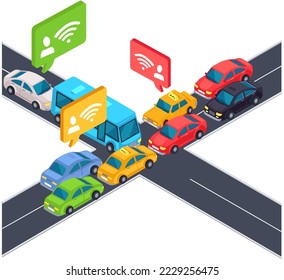 Crossroad street with cars in traffic jam. Intersection with automobiles while driving. Track with accident or car collision. Highway, intersecting roads with passenger and public transport