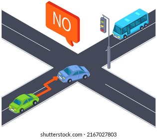 Crossroad street with cars, traffic rules, traffic violation. Intersection with automobiles while driving. Track with road marking and traffic light. Highway, intersecting roads with public transport