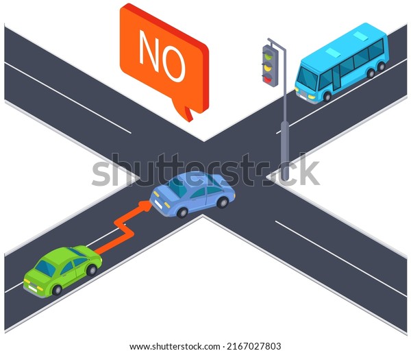 Crossroad street with cars, traffic rules,\
traffic violation. Intersection with automobiles while driving.\
Track with road marking and traffic light. Highway, intersecting\
roads with public\
transport