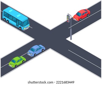 Calle Crossroad con vehículos ilustraciones vectoriales. Intersección con los automóviles mientras conducen. Pista con señalización de carreteras y semáforo. Autopista, intersección de carreteras con el transporte público y de pasajeros