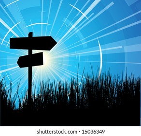 Crossroad com sol e grama no fundo