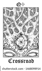 Crossroad. Tarot card from vector Lenormand Gothic Mysteries oracle deck. Black and white engraved illustration. Fantasy and mystic line art drawing. Gothic, occult and esoteric background