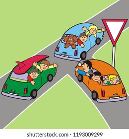 Crossroad, three cars and people, family vacation, vector illustration
