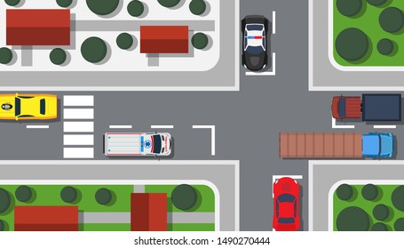 Crossroad top view vector illustration building map. City car game landscape traffic urban. Pedestrian background transport highway. Intersection town plan avenue. Freeway travel driving concept