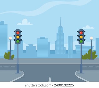Crossroad with traffic lights, without any cars and people. Cityscape, empty street. Urban concept in flat style. Vector illustration