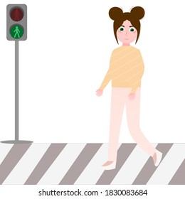 Crossroad under traffic light, pedestrian rules illustration, safety on the road, educational graphica for posters in cartoon style