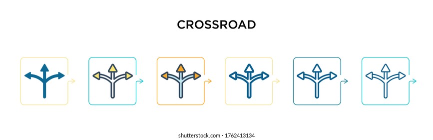 Crossroad vector icon in 6 different modern styles. Black, two colored crossroad icons designed in filled, outline, line and stroke style. Vector illustration can be used for web, mobile, ui