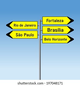 Crossroad vector Road Direction Sign concept of Largest cities in Brazil - Sao Paolo,Rio de Janeiro, Fortaleza, Brasilia and Belo Horizonte