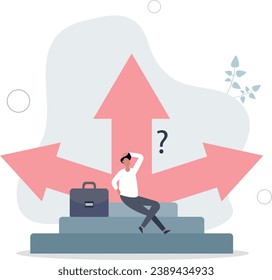 Crossroads as business strategy choice and future options.Businessman dilemma and doubt about right plan as split arrow symbol.