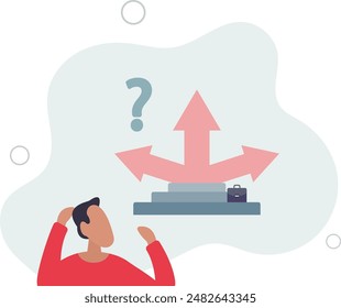 Crossroads as business strategy choice and future options.Businessman dilemma and doubt about right plan as split arrow symbol.flat design.illustration with people.