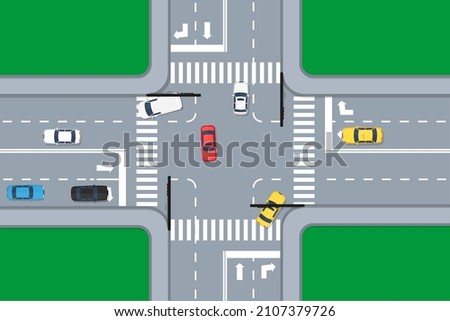 Crossroads with cars, top view. Vector illustration in flat design
