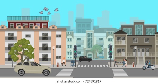 Crossroads in the city street. vector illustration. Flat style design.