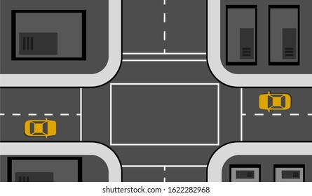 Crossroads in the city top view. Transport car, urban and asphalt, traffic and building. Vector illustration