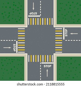 Crossroads with crosswalk. Crossroad of two roads and road markings top view. Empty roadway intersection, zebra and grass. Streets crossing, markings and sidewalk for pedestrians. Vector illustration