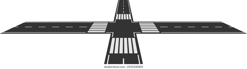 Crossroads featuring pedestrian crossings dividing four roads into the distance, creating a geometric pattern against a white background, symbolizing urban connection