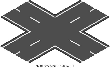 Crossroads forming an x shape with dark gray asphalt and white stripes representing intersection, road, path, choice, decision, direction, transportation, travel, infrastructure, and network