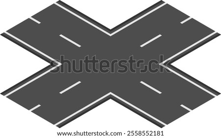Crossroads forming an x shape with dark gray asphalt and white stripes representing intersection, road, path, choice, decision, direction, transportation, travel, infrastructure, and network