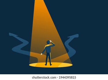 encrucijada y hombre resaltado en estilo de arte abstracto, antes de elección importante - elección correcta de decisión. ilustración vectorial del concepto empresarial o votación política
