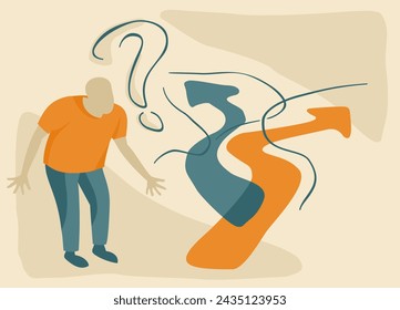 Crossroads and man in abstract doodle style, before important choice - correct decision choosing. vector illustration for business concept or political voting